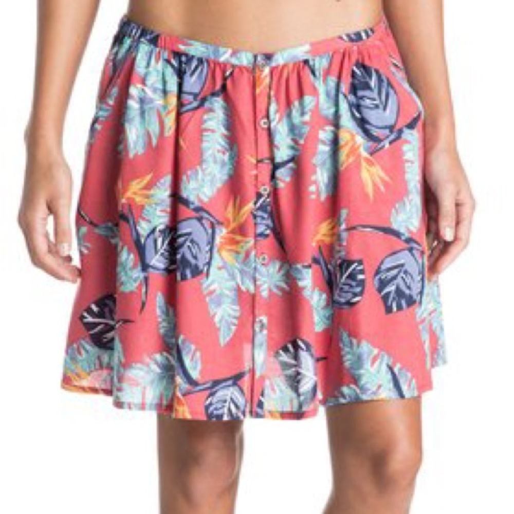 Roxy Cosmia Skirt Tropical print swing fit front button placket pockets MD